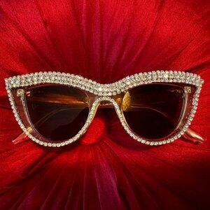 SALE!  Sunglasses Blinged Out Rhinestones Encrusted Clear Cat Eye Brown Lenses